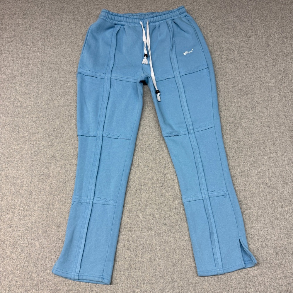 BoohooMAN Sweatpants Size L Blue Paneled Raw Seam Drawstring Slit Hem Joggers